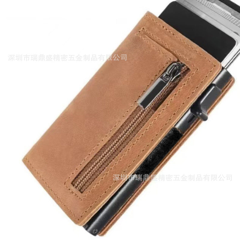 New Leather Men's Wallet Automatic Pop Up Credit Card Case Ultra-thin RFID Anti-Theft Card Case Metal Card Sleeve