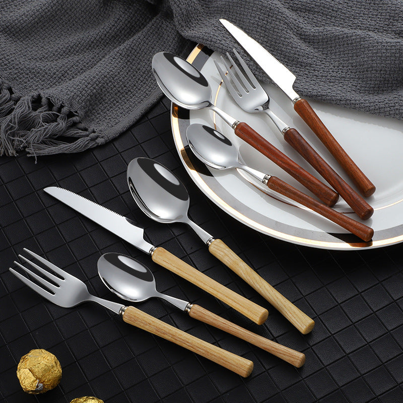 Japanese style 304 stainless steel knives, forks and spoons, high-grade wood-handled tableware, household high-value wood-handled steak knives, dessert spoons