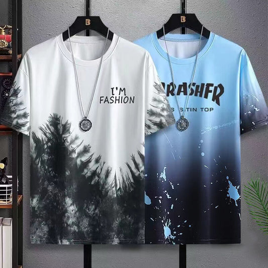 Ice Silk Short Sleeve T-Shirt Men's Summer 2024 New Trend Student Youth Half-sleeved Men's Ice Splash Ink T-shirt