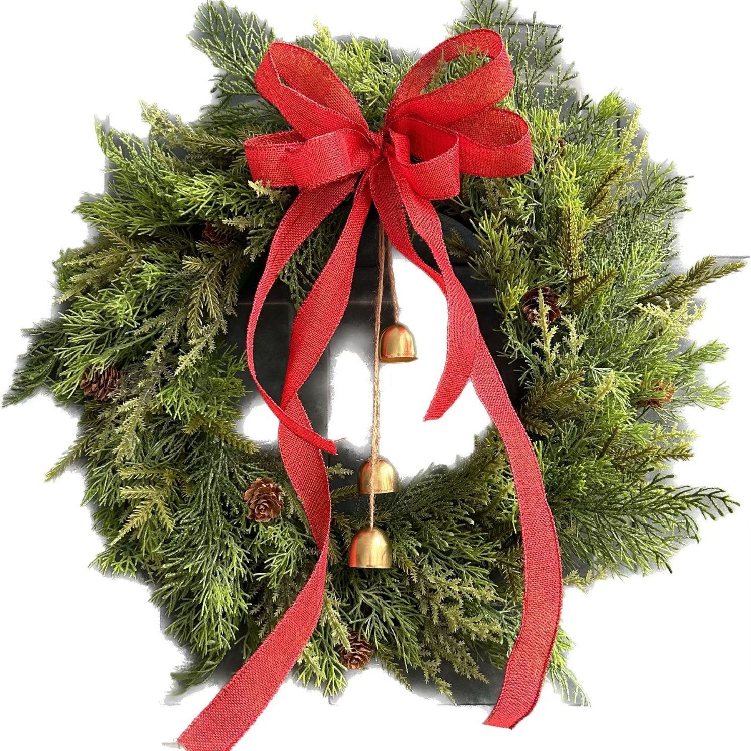 2024 New Christmas Wreath Door Decoration Pendant Simulated Eucalyptus Bell Bow Wall Decoration Cross-border