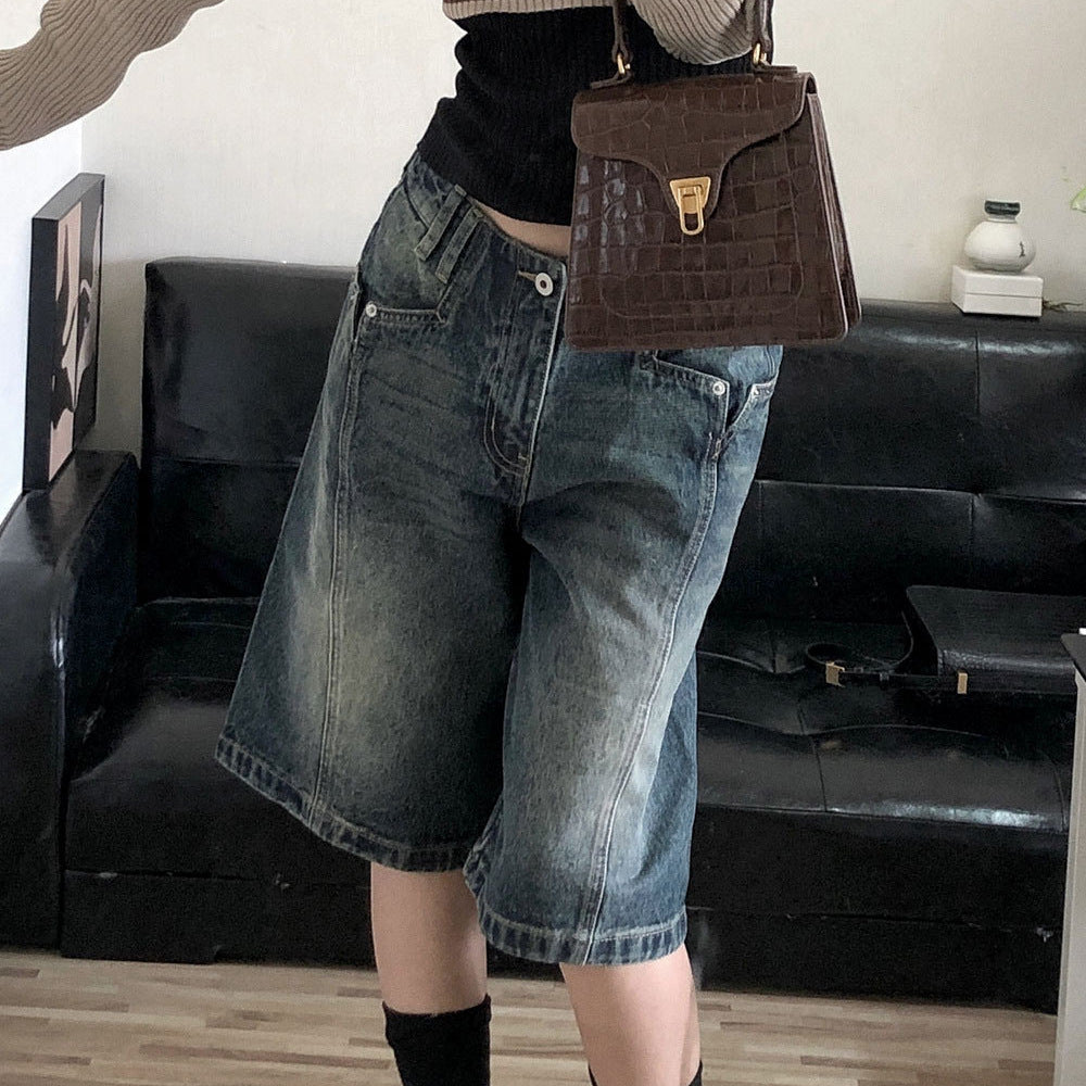 American vibe retro washed old denim shorts women's high street tide brand design sense loose straight five-point pants