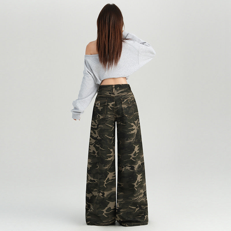 Orange silk women's american babes camouflage high waist wide leg slacks women's summer new high street slim mop pants
