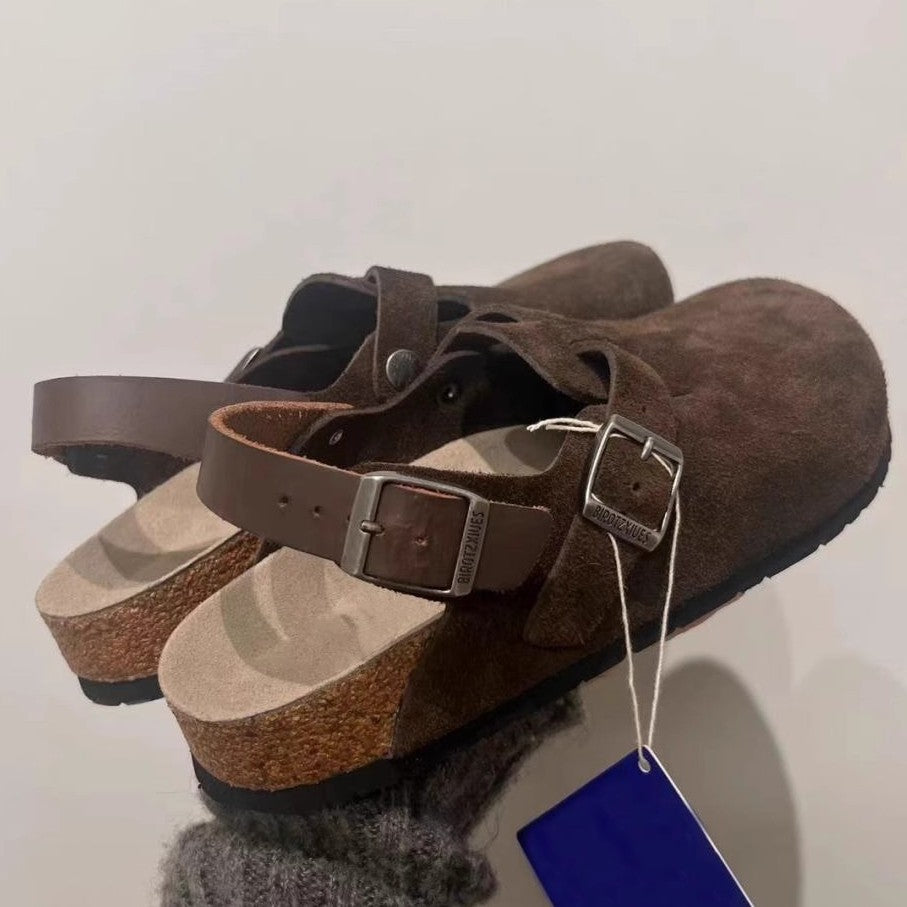 [Spot] vintage brown heel with Birkenstock shoes women's two wear leather toe single shoes thick-soled Boken half slippers