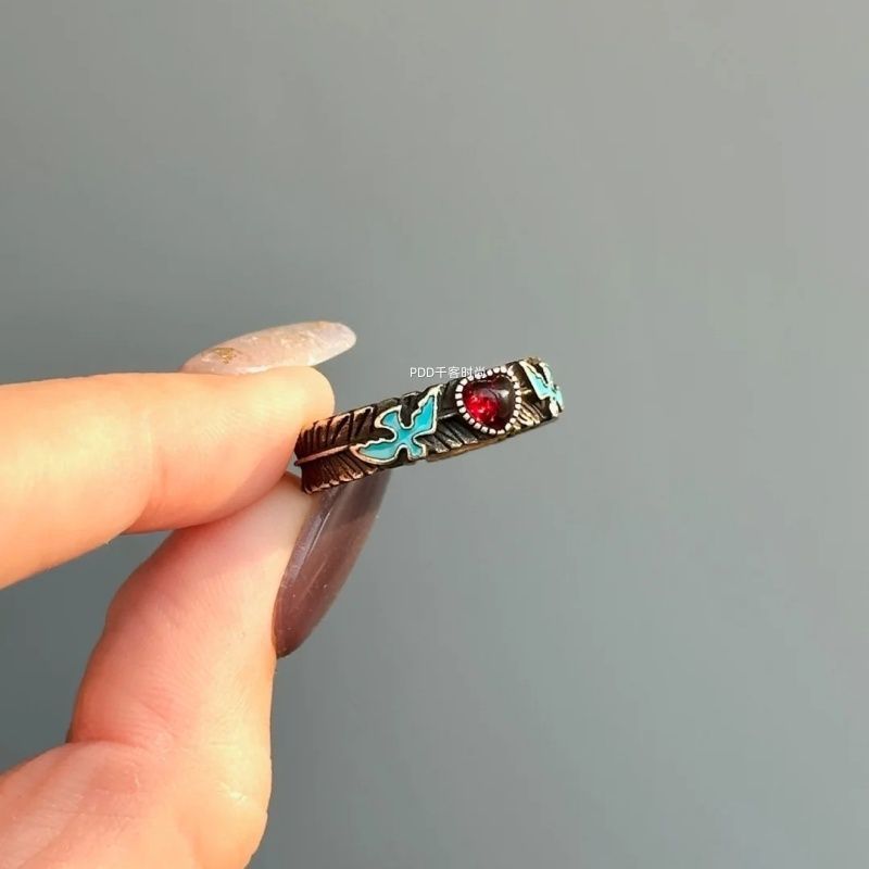 "Flying Bird Collection" vintage pre-loved flying bird ring women's vintage brushed red heart butch style index finger ring