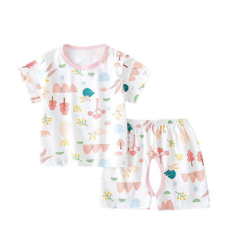 Male and female babies split open crotch pants pajamas outing clothes baby clothes summer thin short sleeve suit cotton summer