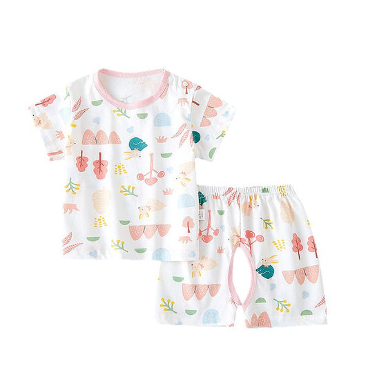 Male and female babies split open crotch pants pajamas outing clothes baby clothes summer thin short sleeve suit cotton summer