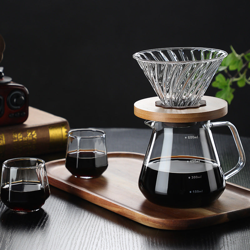 Wholesale pour-over glass coffee sharing pot cloud pot moka pot with wooden holder filter coffee pot set can be printed