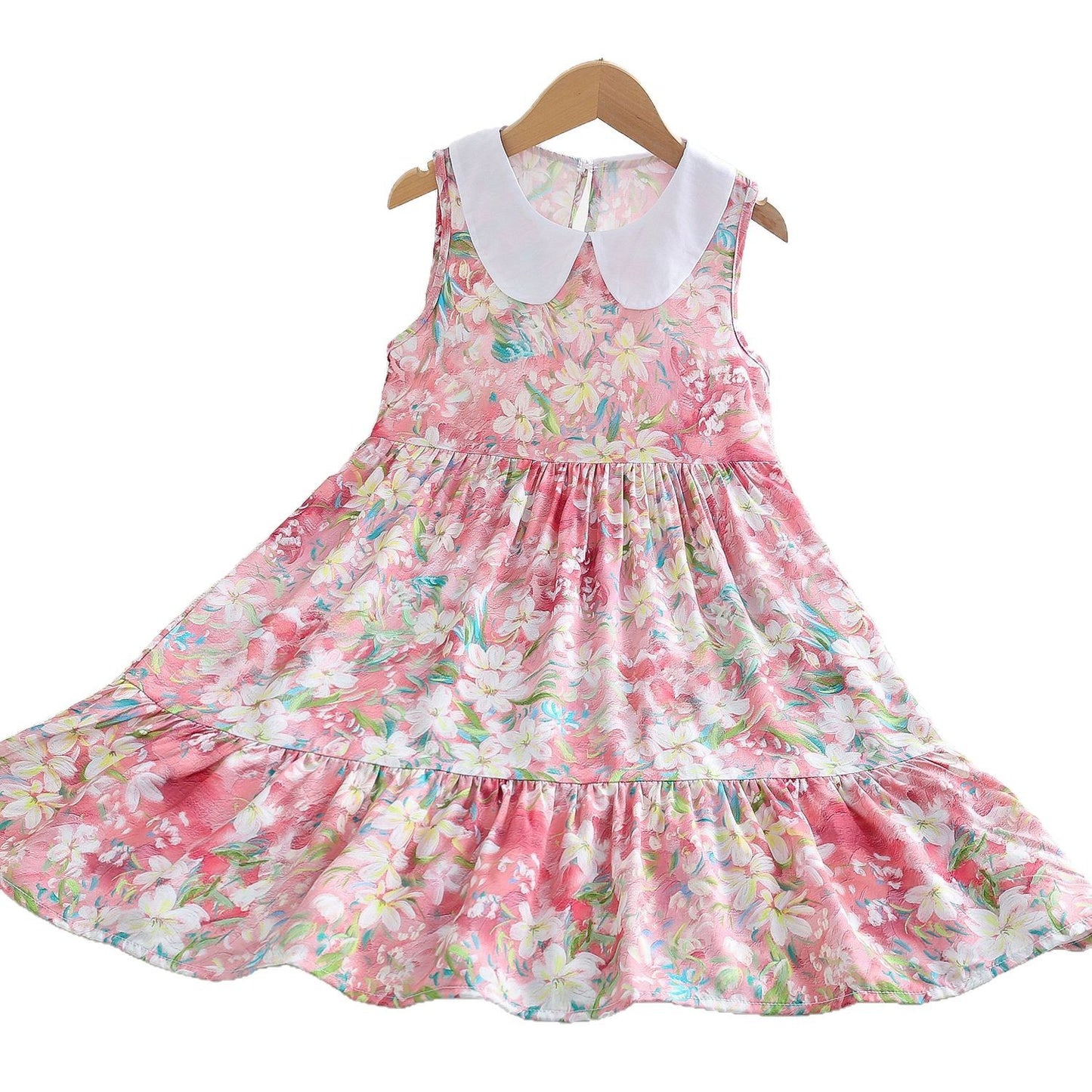 Girls Floral Cotton Silk Dress Summer New Children's Rayon Skirt Medium and Big Boy Doll Collar Princess Dress