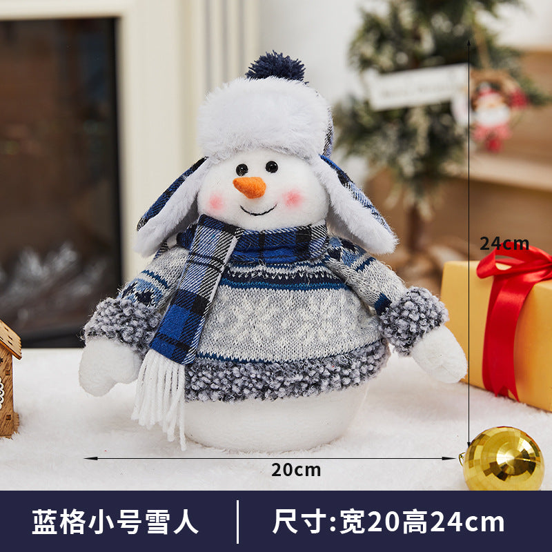 Cross-border Christmas decorations ski snowman doll tabletop doll blue plaid fabric Christmas iron foot snowman ornament