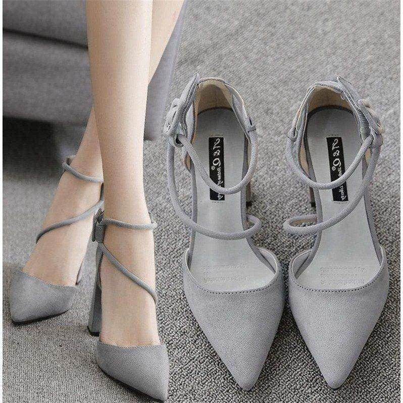 Thick heel high heels women's 2024 spring new Korean version of versatile women's shoes black pointed toe buckle single shoe women