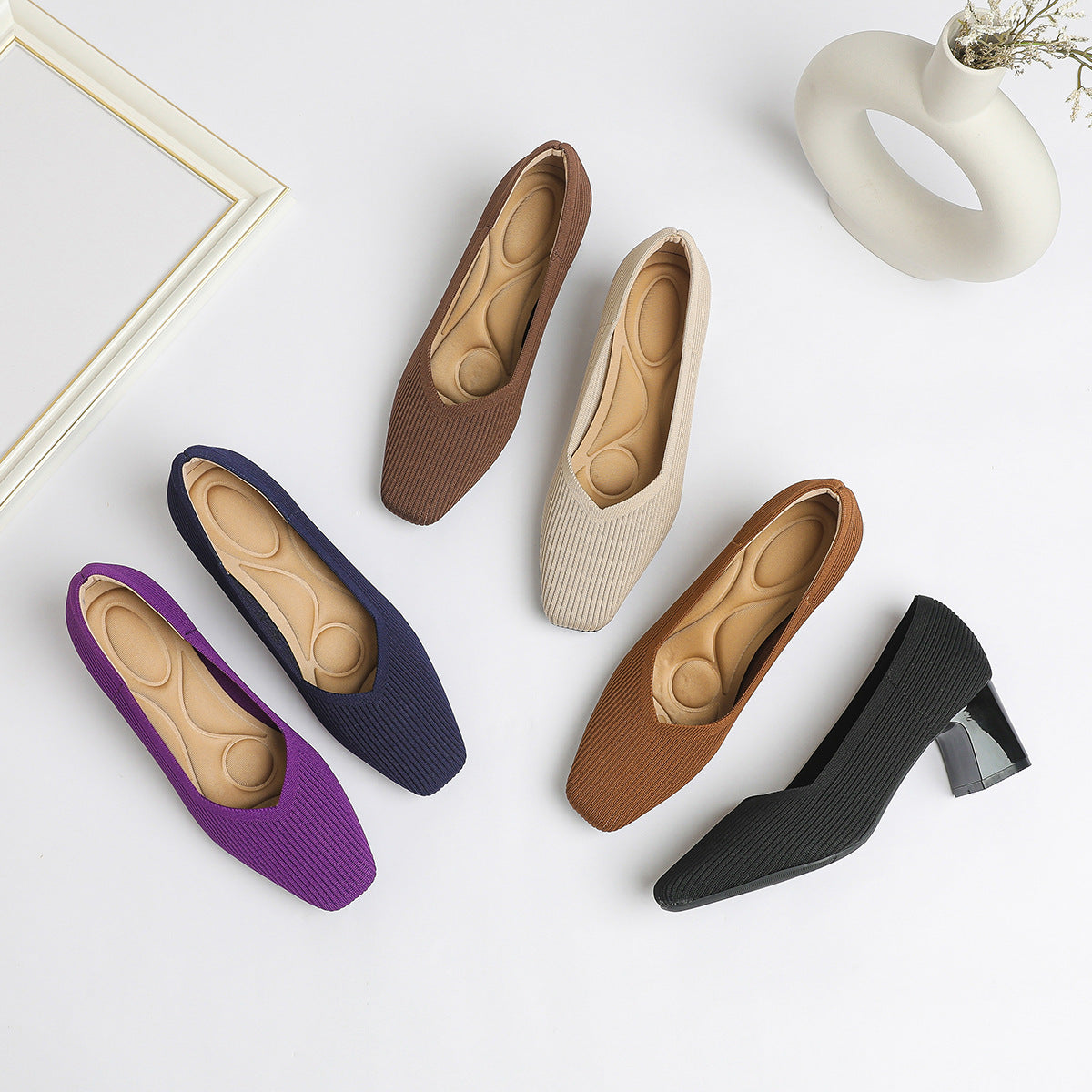 Japanese princess single shoes, women's square toe, thick heels, flying knitted shoes, comfortable and breathable, commuter high heels, breathable and versatile style