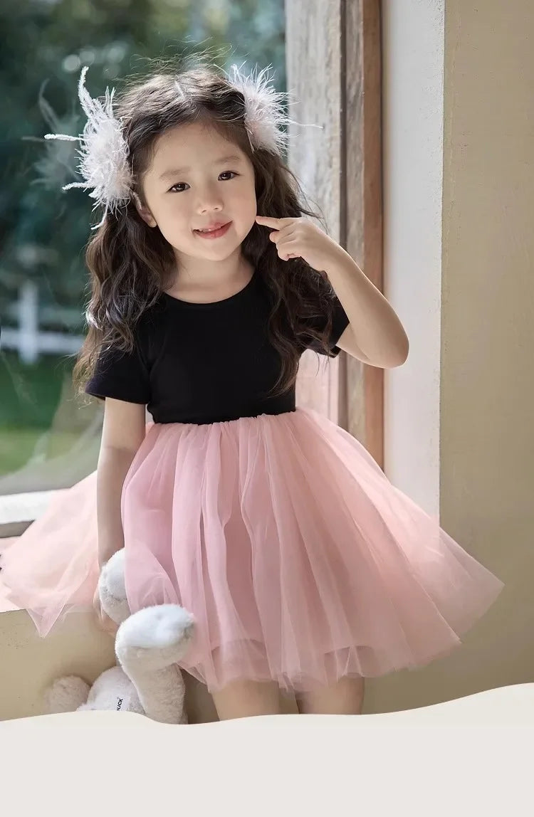 Girls short sleeve backless dress 2024 summer new baby foreign mesh tutu little girl princess dress