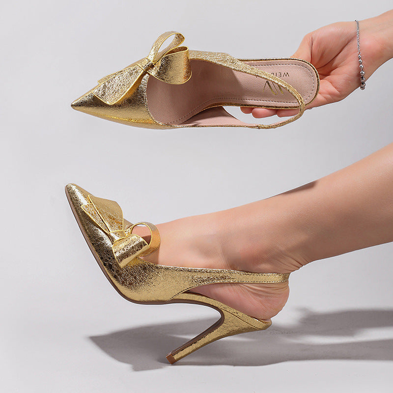 Bow high heel sandals shiny PU elegant sexy pointed toe after wedding banquet strap sandals for women crossing Europe and the United States