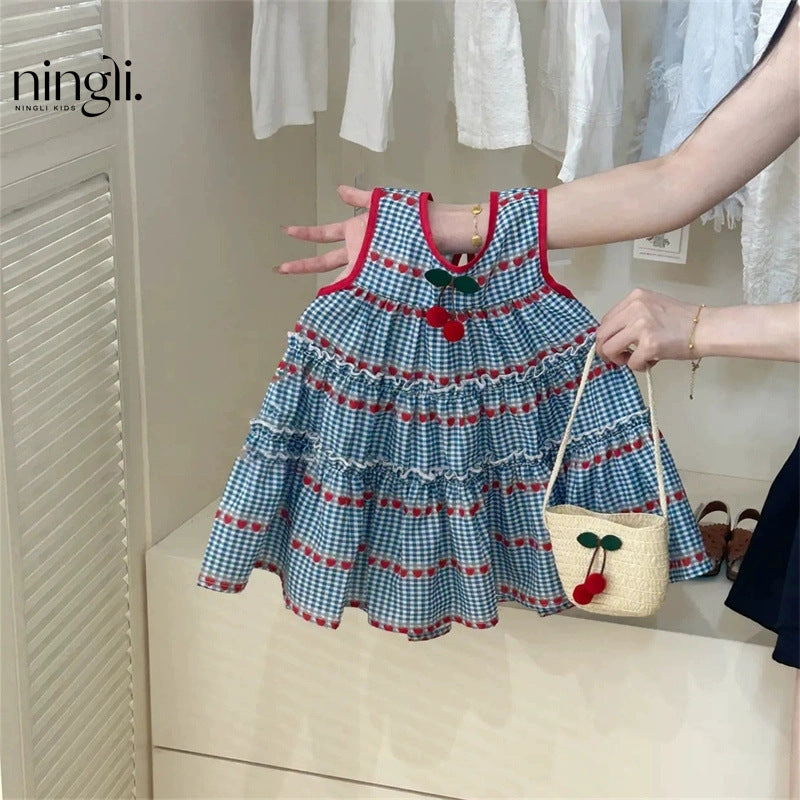 Ningli children's clothing summer new girls sweet blue check sleeveless dress baby girl cherry vest skirt tide