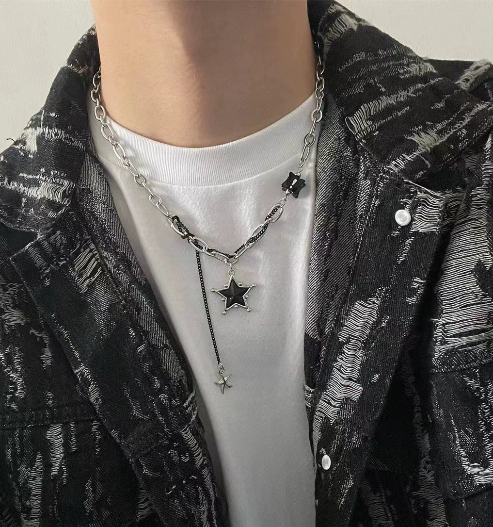 Black and white squares, glass stitching necklaces, men's niche, simple and versatile, titanium steel clavicle chain, light luxury, personality hip-hop jewelry