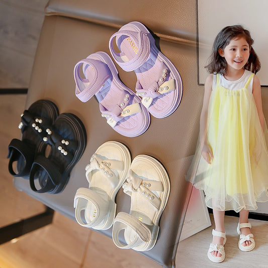 Girls Sandals 2024 Summer New Pearl Kids Shoes Summer Style Girls Foreign Princess Shoes Non-slip Beach Shoes