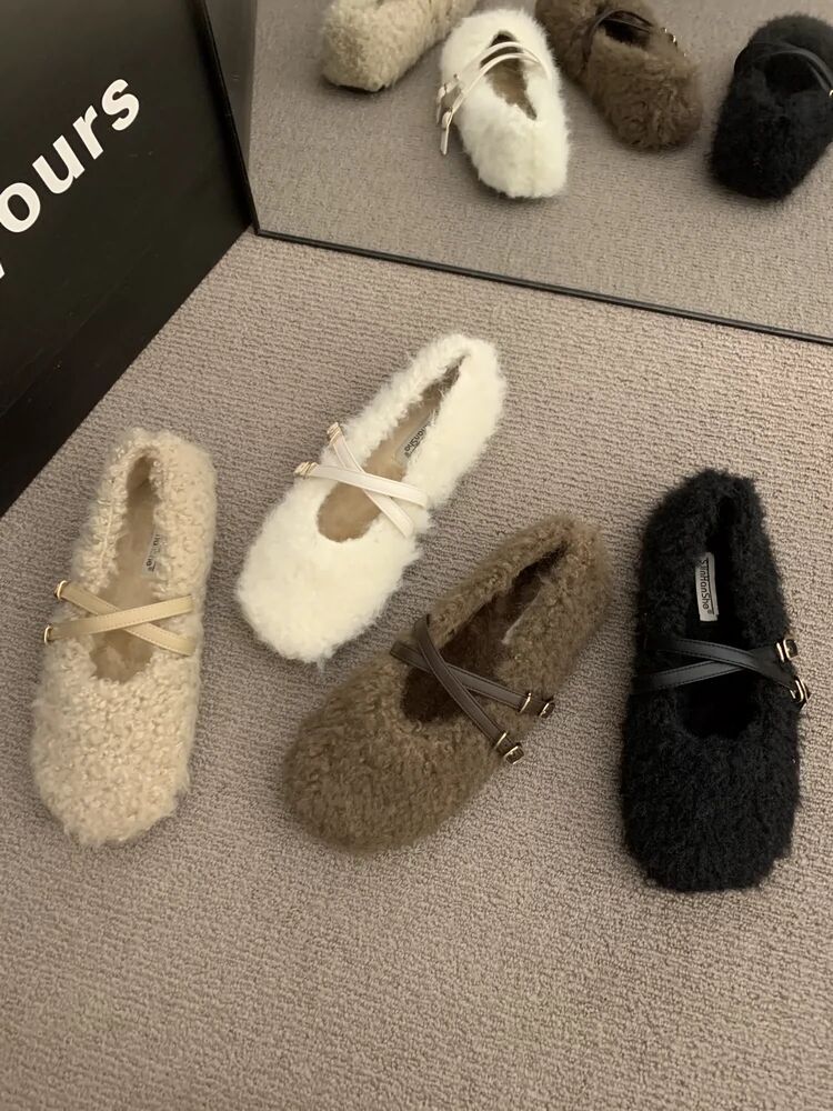 French evening breeze cross-buckle Mary Jane cotton shoes women's 2024 fall/winter new comfortable and versatile fur shoes