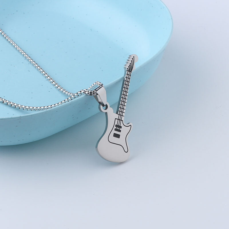 Guitar necklace men's hip hop titanium steel pendant men's and women's rock 'n' roll personality jewelry pendant sweater chain stainless steel jewelry