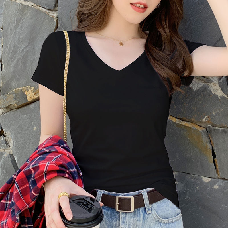 Wholesale Slim Short Sleeve T-Shirt Women's V-Neck Black Top Women's Chicken Heart Collar Summer 2024 New Design Sense Summer Dress