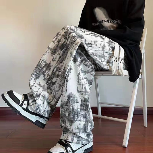 Tie-dye pants men's autumn and winter American loose trendy slacks men's retro high street straight track pants