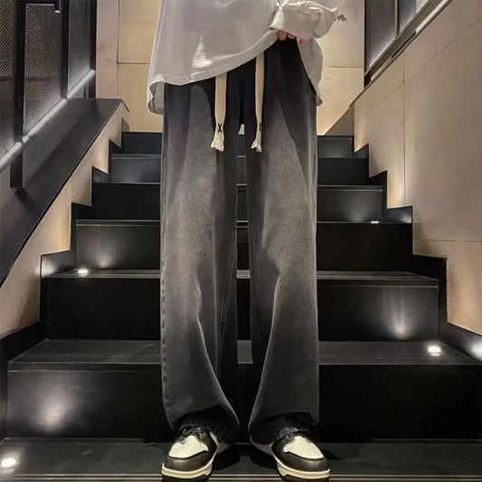 American high street slacks men's spring and summer washed jeans loose straight trend versatile wide leg pants