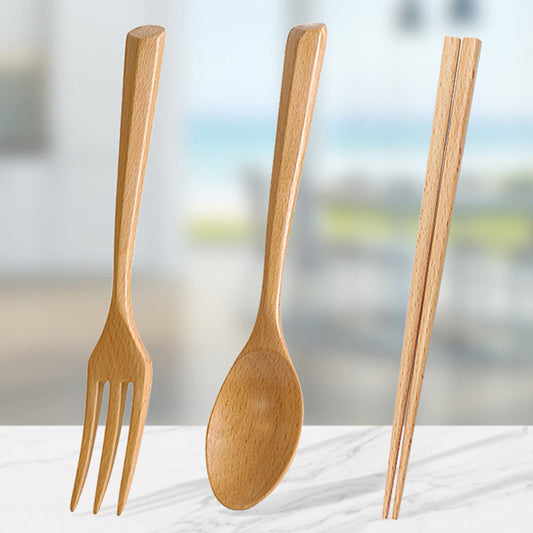 Factory direct batch creative triangular handle spoon fork chopsticks three-piece set solid wood soup spoon fork chopsticks tableware rice spoon wooden spoon