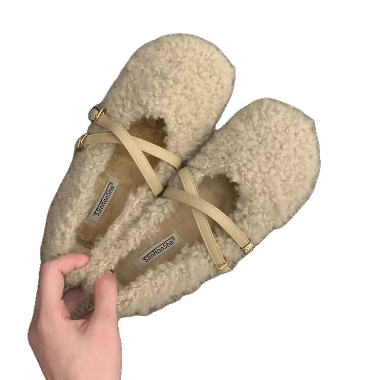 French evening breeze cross-buckle Mary Jane cotton shoes women's 2024 fall/winter new comfortable and versatile fur shoes