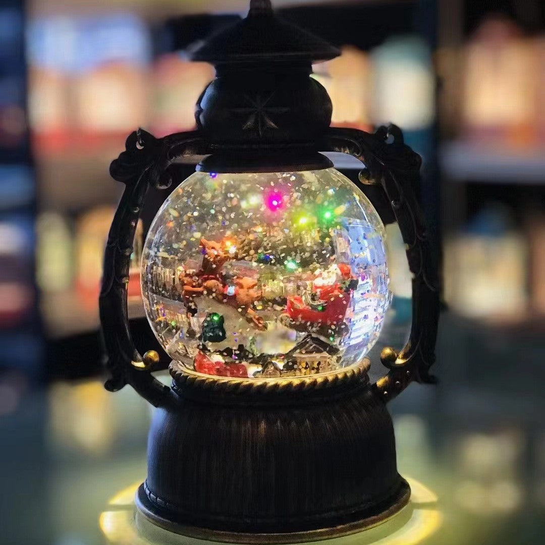 Cross-border Christmas music box lantern water and snow Christmas music box retro night light music box ornament