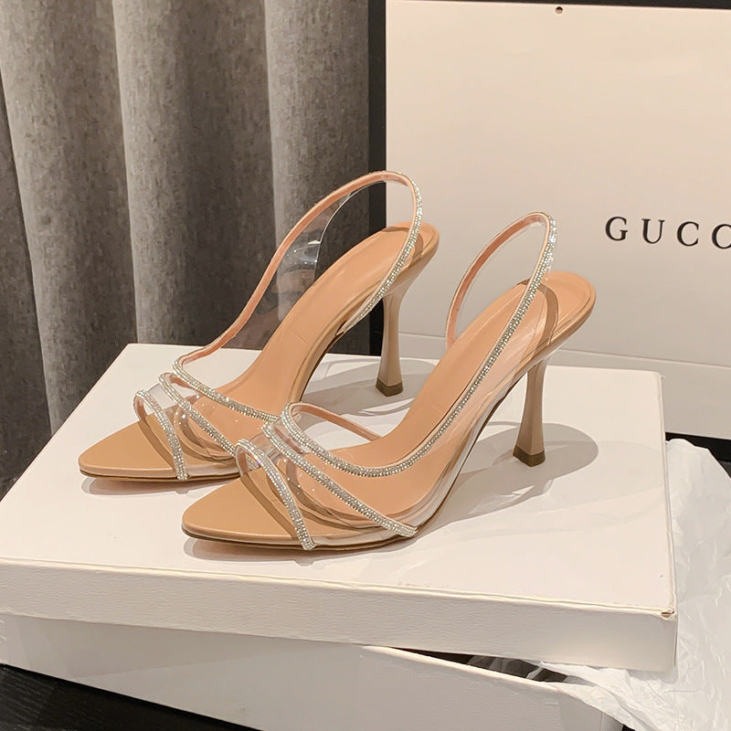 2023 spring and summer new high heels, stiletto rhinestones, French temperament, celebrity with fairy wind sandals women