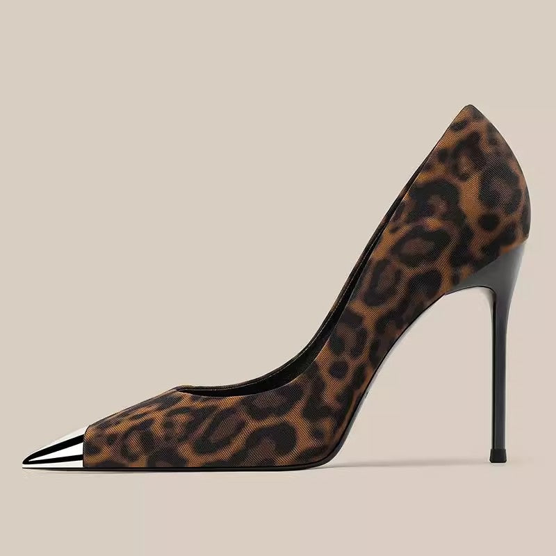 2025 New Niche Design Metallic Iron Toe Leopard Print Pointed Toe High Heels Pumps 10cm Stiletto Single Shoes Women