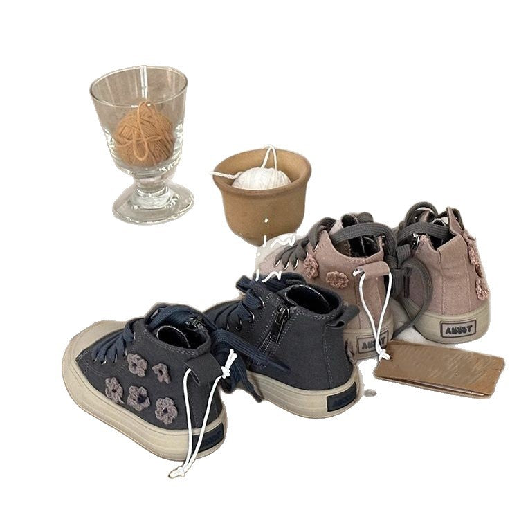 Korean children's shoes 2025 autumn new children's high-top canvas shoes girls' small flower side zipper versatile casual board shoes