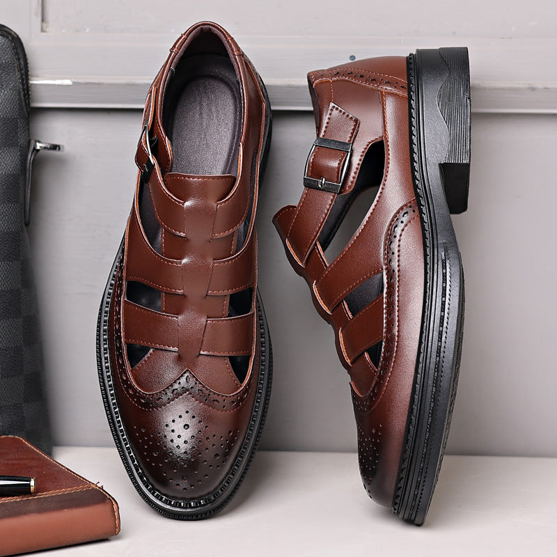 Beach shoes men's sandals retro baotou business dress leather sandals genuine leather korea trend version hollow leather shoes men's handmade