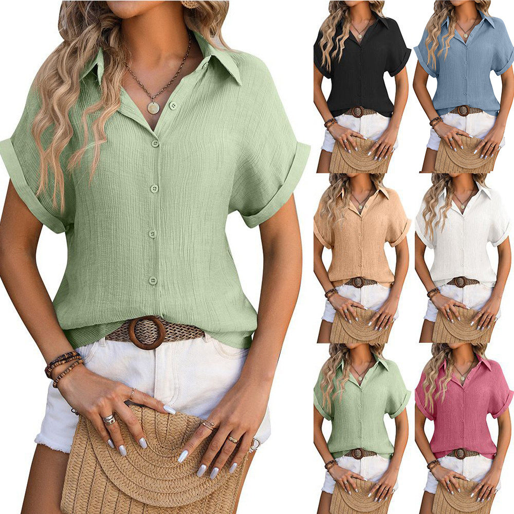 2024 spring summer new cross-border European and American women's Amazon women's loose short sleeve pocket casual pleated shirt women