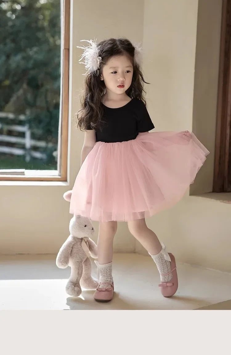 Girls short sleeve backless dress 2024 summer new baby foreign mesh tutu little girl princess dress