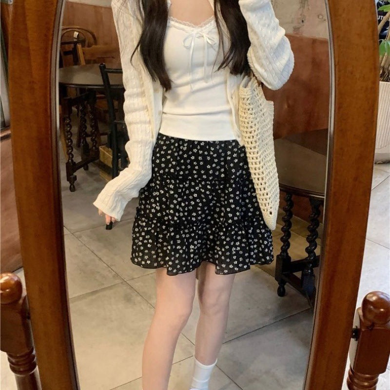 Floral Retro Sweet Skirt Cake 2025 Spring Summer 2025 High Waist Small Man Slim Black Puffy Skirt