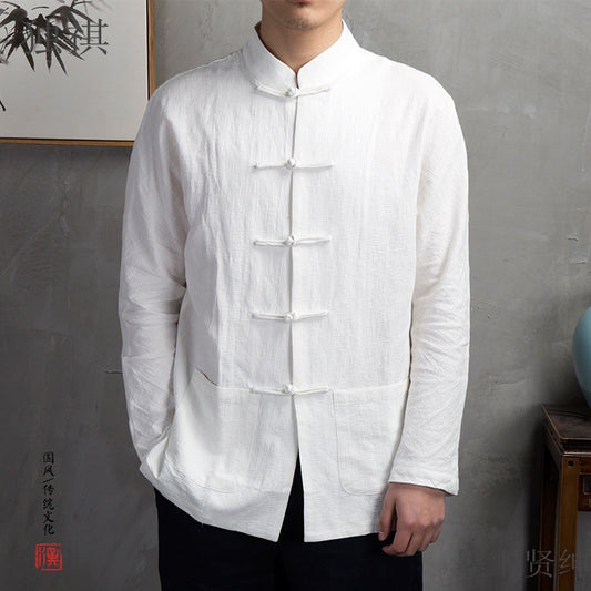 Autumn Chinese style disc button linen shirt men's loose long-sleeved cotton linen top Chinese men's retro style shirt