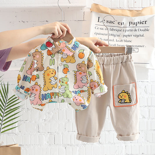 Children's clothing boys' set 2025 new autumn printed dinosaur children's shirt two-piece set of baby boys' clothes