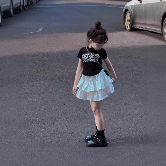 Girls Summer Suit 2025 New Foreign Style Kids Short Sleeve T-Shirt Girls Fashionable Cake Skirt Two Piece Summer Dress