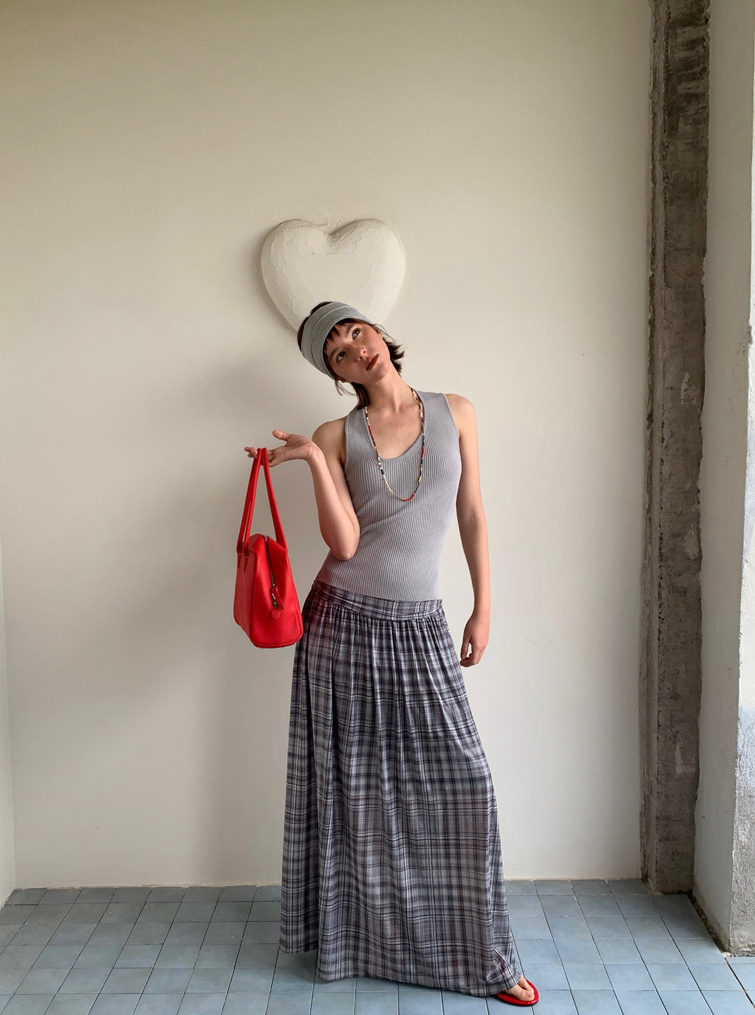 [Spot] high-waisted a-line tall mesh cool plaid skirt flowing knit skirt long skirt summer