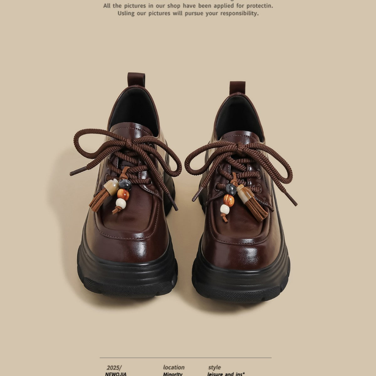 Zhuoshi 2025 new thick-soled loafers women's brown lace-up thick high heels British style muffin small leather shoes