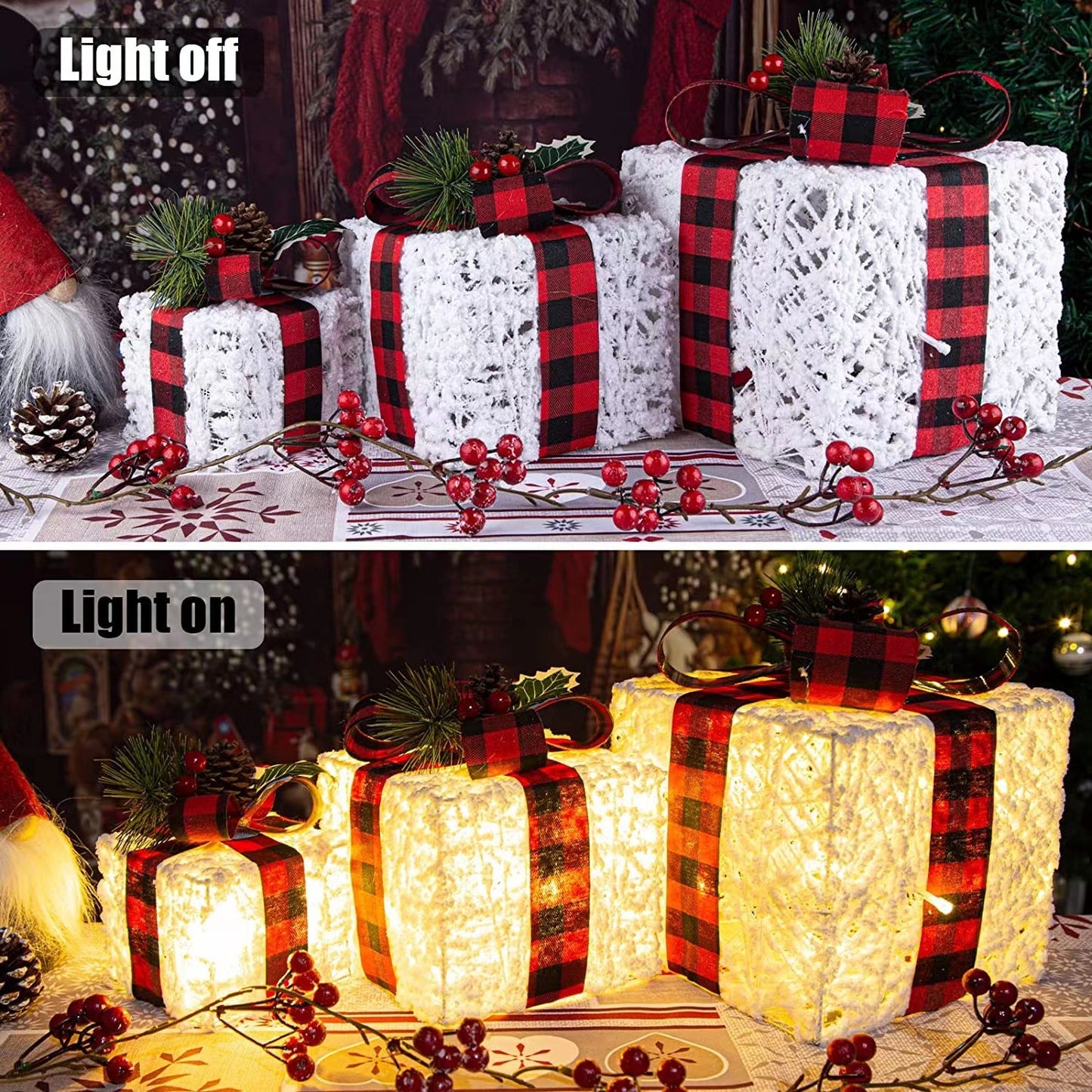 2023 New Cross-border Supply Luminous Three-Piece Christmas Decoration Box Christmas Wrought Iron Ornaments Flocking Gift Box