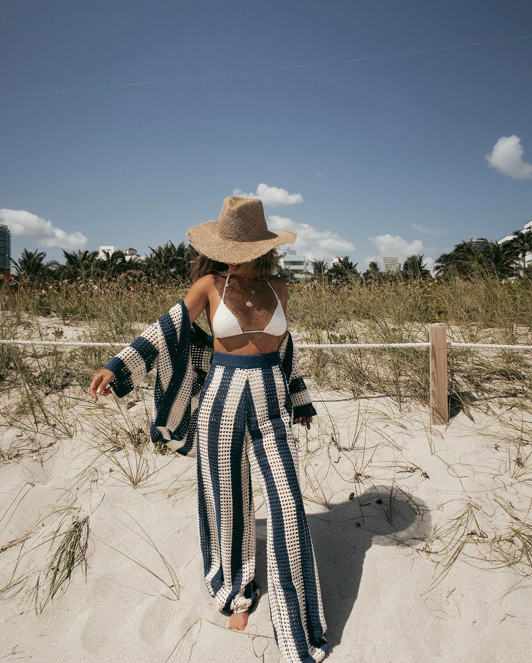 Summer European and American Women's Amazon 2024 Fashion V-Neck Cutout Striped Shirt Loose Knit Wide-leg Pants Set