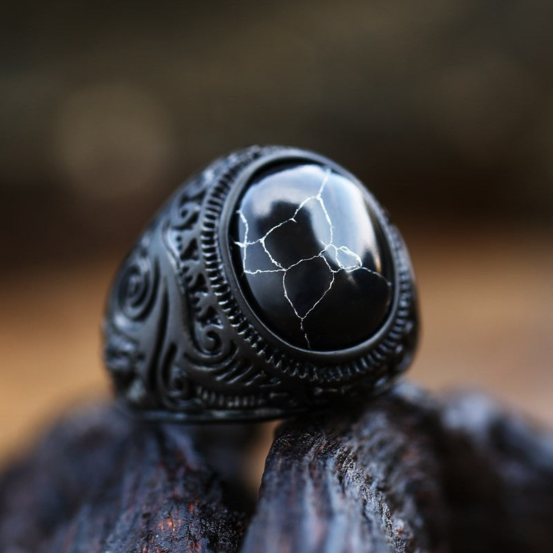 Baosheng new vintage tiger's eye turquoise black carved punk men's fashion hand ornament ethnic style alloy ring wholesale