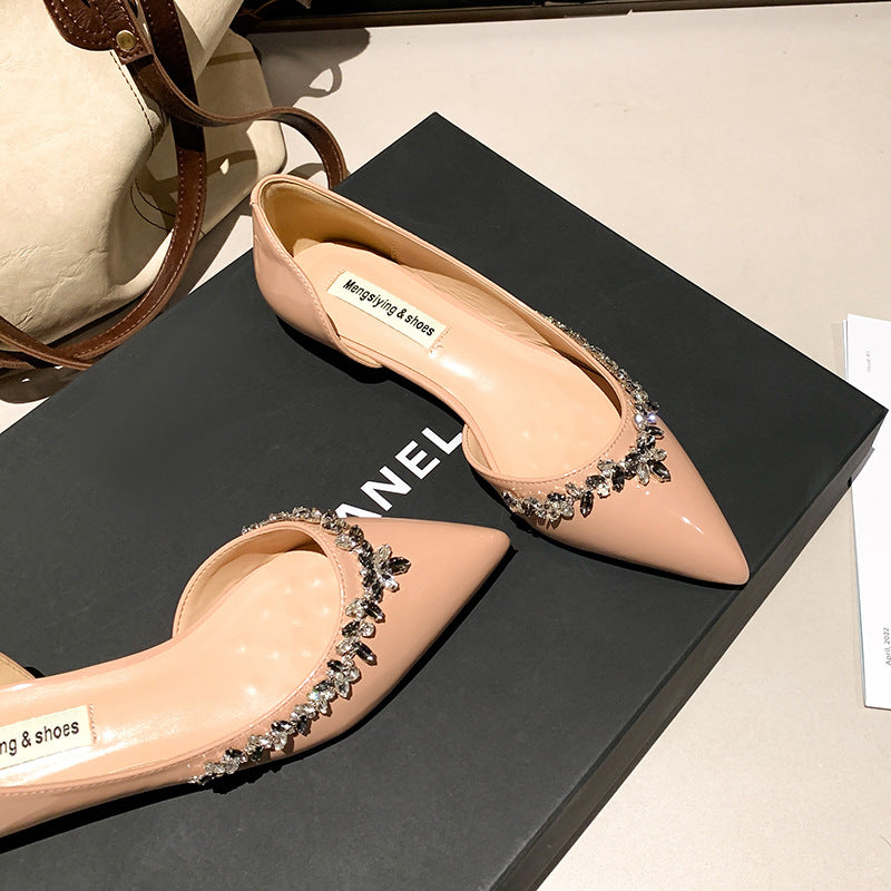 French pointed toe side hollow single shoes women's 2025 new spring and summer temperament light luxury nude pink rhinestone patent leather flat women's shoes
