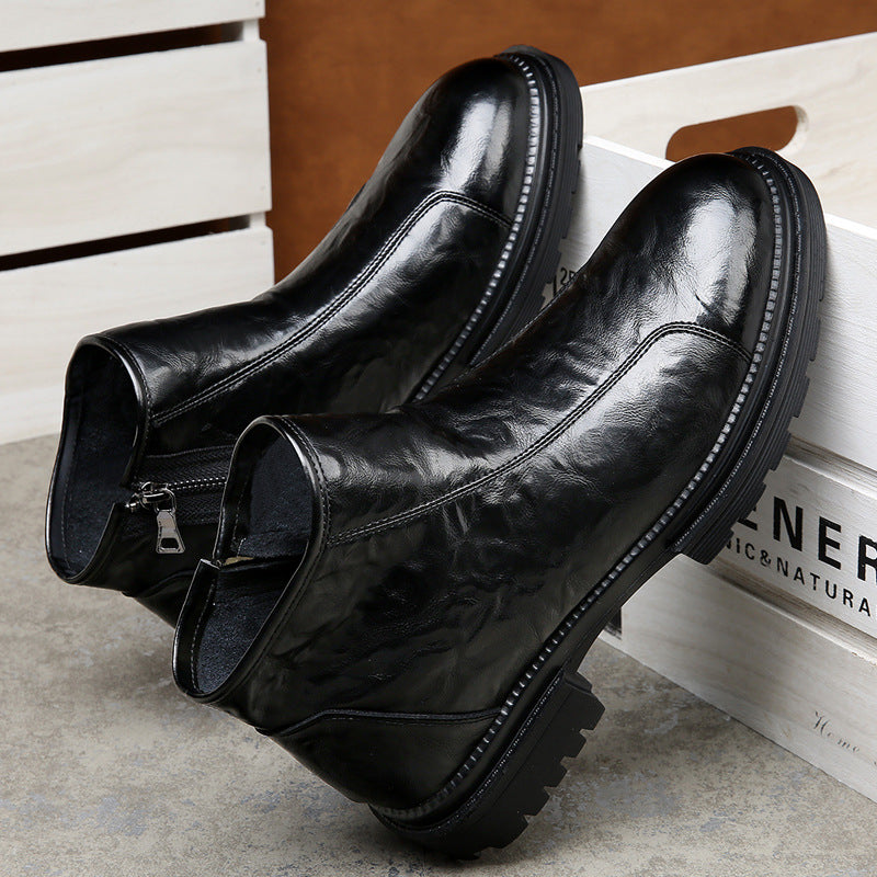 Side zipper martin boots men's velvet english leather cargo biker boots winter increase high top chelsea boots