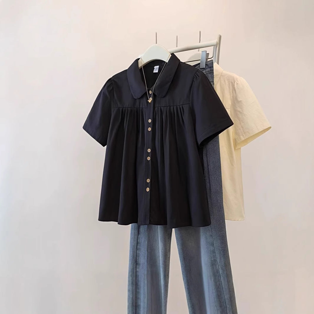 Plus Size Women's French Short Sleeve Shirt Summer 2025mm New Slim Slightly Chubby Flesh Covering Blouse Short