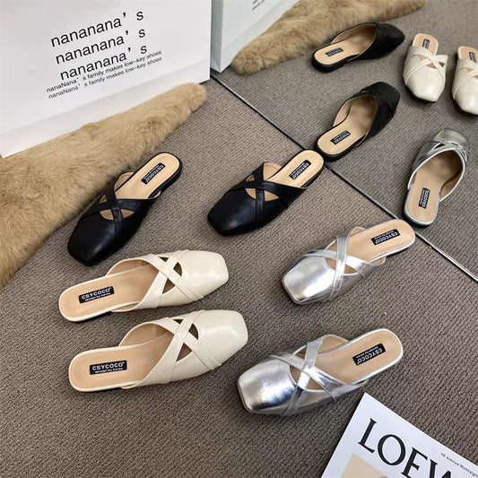 French-style Baotou sandals for women to wear retro and versatile square toe Korean version of crossover strap Baotou Four Seasons shoes for women 1