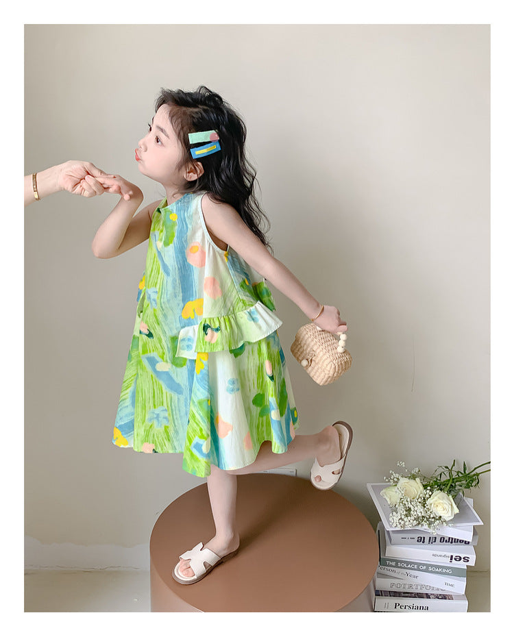Girls Summer Dress 2025 New Style Foreign Girl Seaside Vacation Dress Summer Children's Colorful Sleeveless Skirt