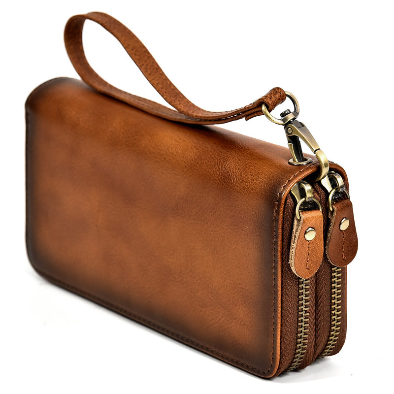 Men's Crazy Horse Leather Long Wallet Leather Zipper Wallet Double Cowhide Clutch Bag Vintage Casual Clutch Bag