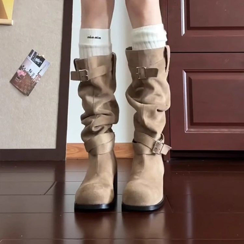 Cowhide version ~ western cowboy boots, women's belt buckle boots, but knee pile boots, thick heel slim knight boots